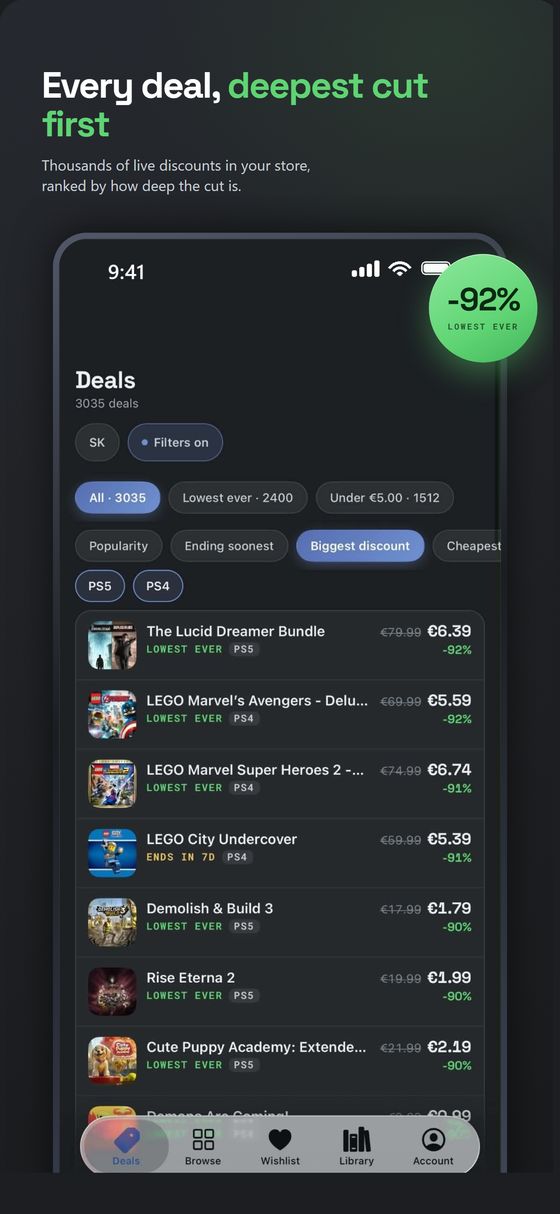 PlatPrices app screen: Every deal, deepest cut first — Thousands of live discounts in your store, ranked by how deep the cut is.